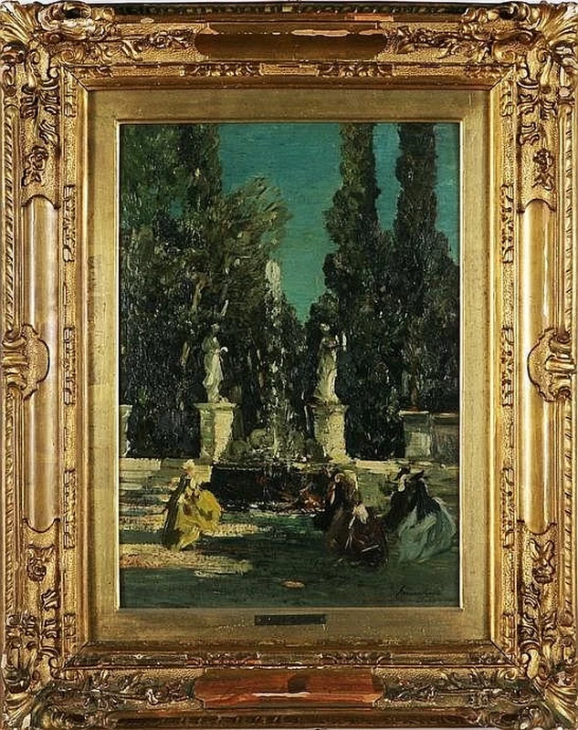 Giardino e fontana con personaggi in costumi settecenteschi